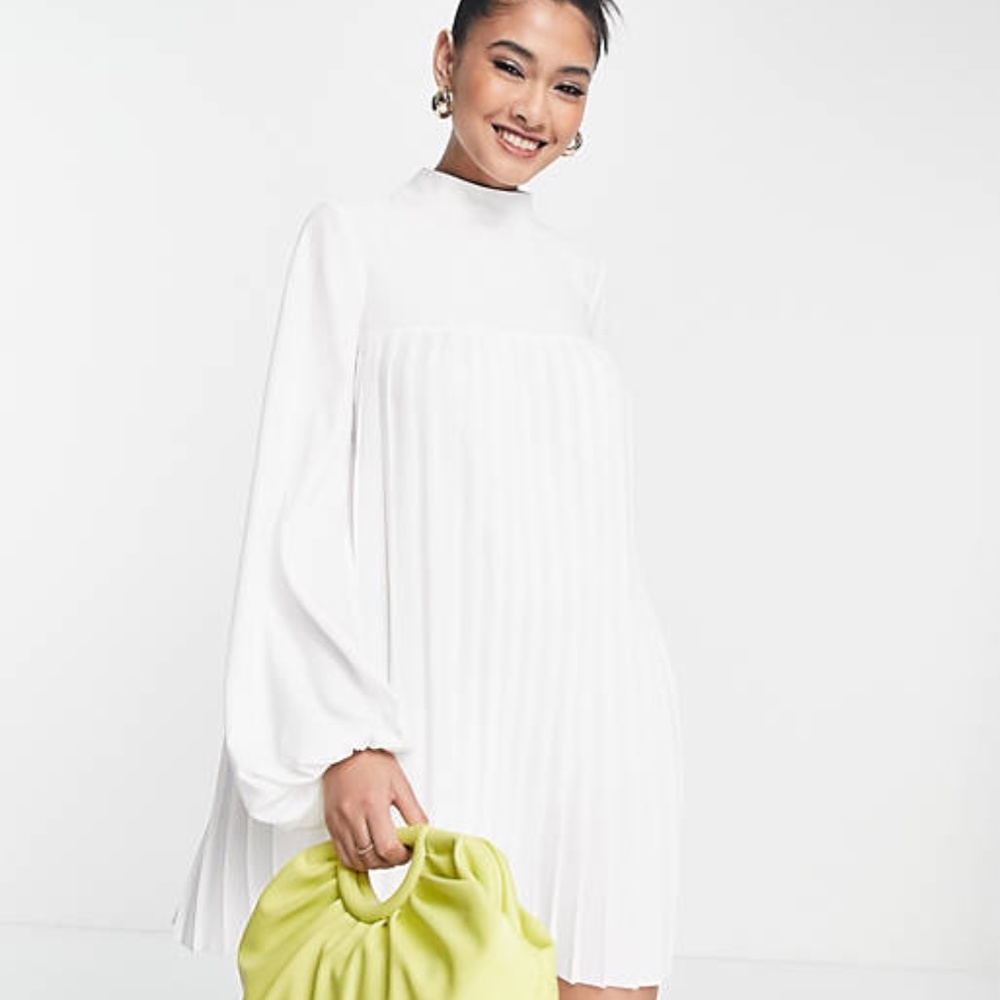 ASOS DESIGN high neck pleated trapeze mini dress in ivory